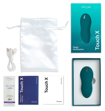 Lieferumfang des We-Vibe Touch X Auflegevibrators in Grün mit Zubehör und Produktübersicht
