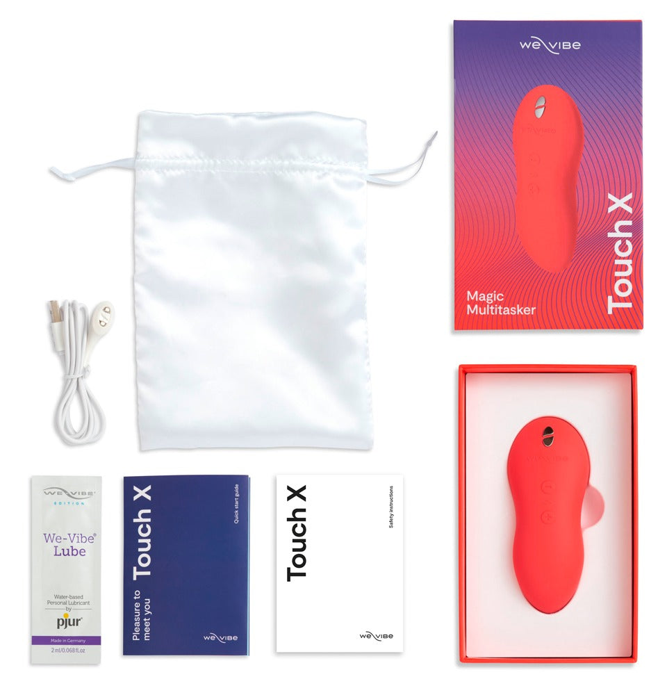 Lieferumfang des We-Vibe Touch X Auflegevibrators in Rot mit Zubehör und Produktübersicht