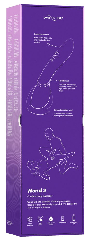 Rückseite der Produktverpackung des We-Vibe Wand 2 Massagestabs in Pink
