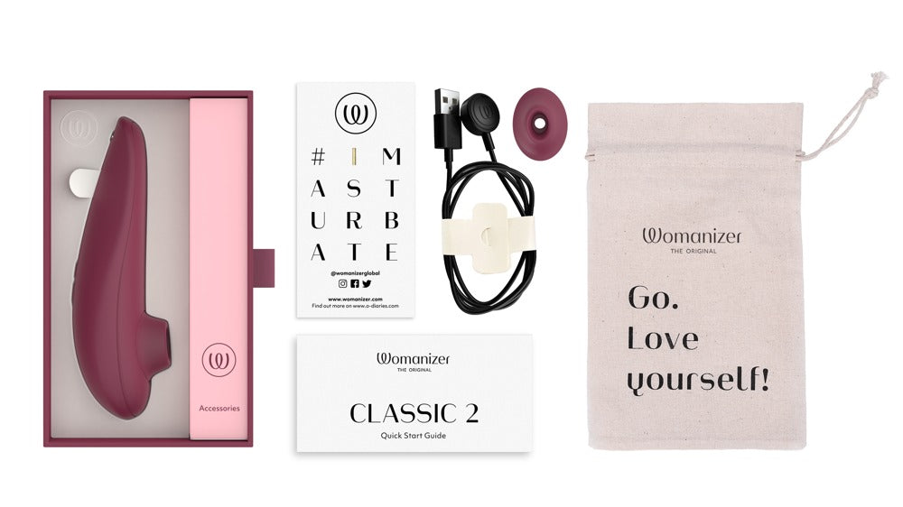 Womanizer Classic 2 Lieferumfang mit Aufsatz und Ladekabel
