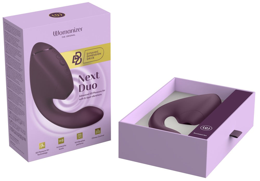 Verpackung des Womanizer Next Duo Dual-Stimulators in Lila