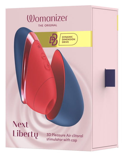 Vorderseite der Produktverpackung des Womanizer Next Liberty in Blau