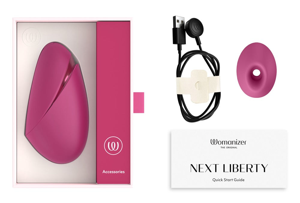 Lieferumfang des Womanizer Next Liberty in Pink mit Zubehör
