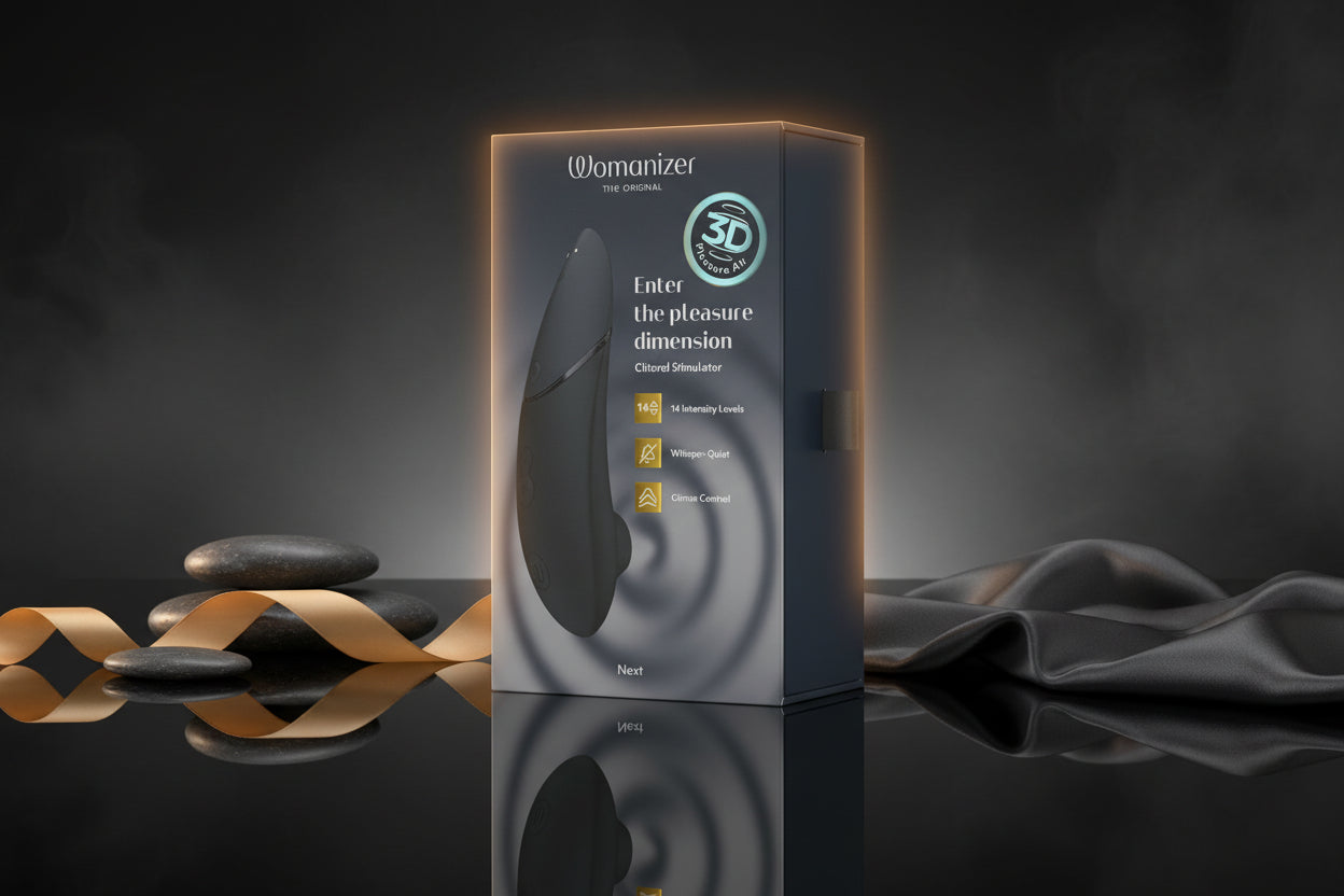 Womanizer Next Premium Verpackung in luxuriöser Studio Szene mit goldenen Akzenten