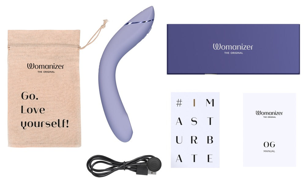 Lieferumfang des Womanizer OG mit Ladegerät und Aufbewahrungsbeutel