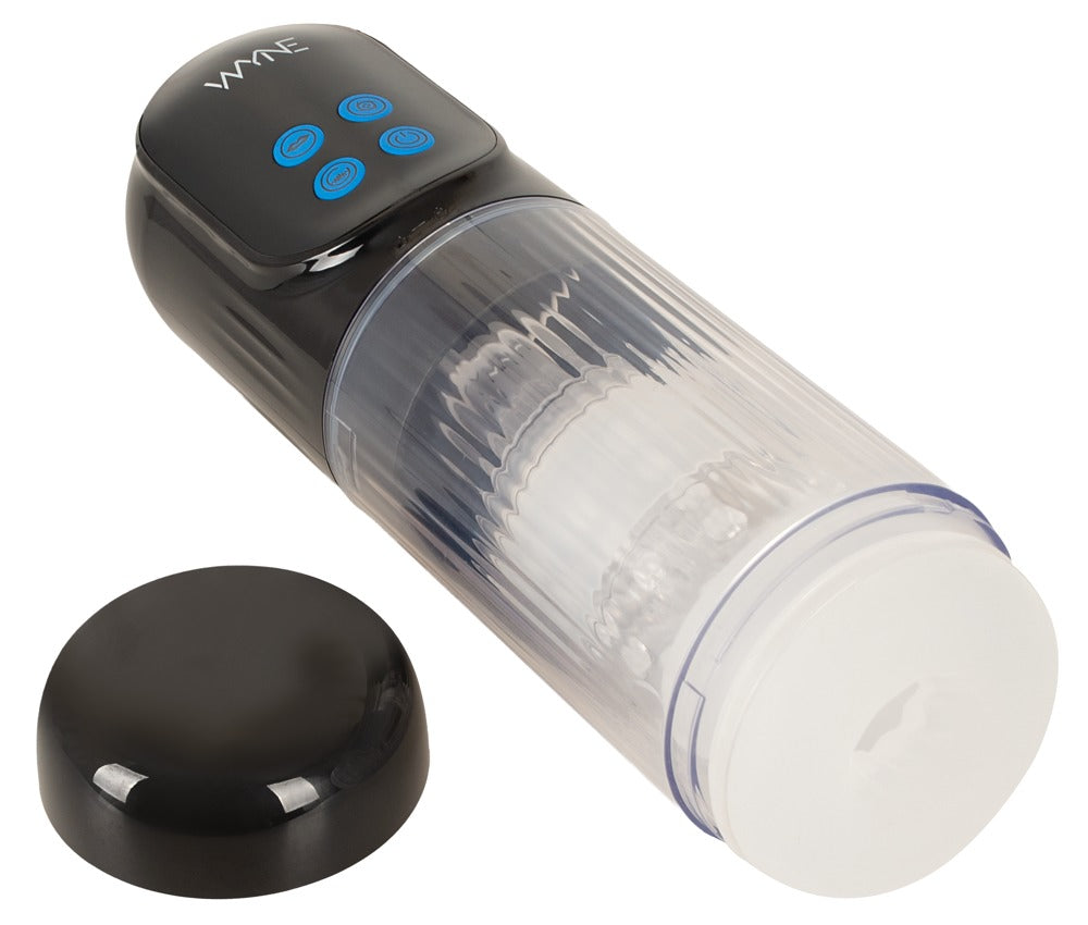 WYNE Masturbator 12 mit transparentem Zylinder, Bedienfeld und abgenommener Schutzkappe