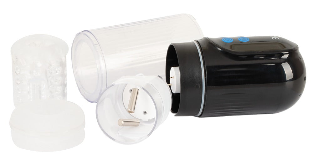 Zerlegter WYNE Masturbator 12 mit herausnehmbarer TPE-Sleeve, Zylinder und Schutzkappe