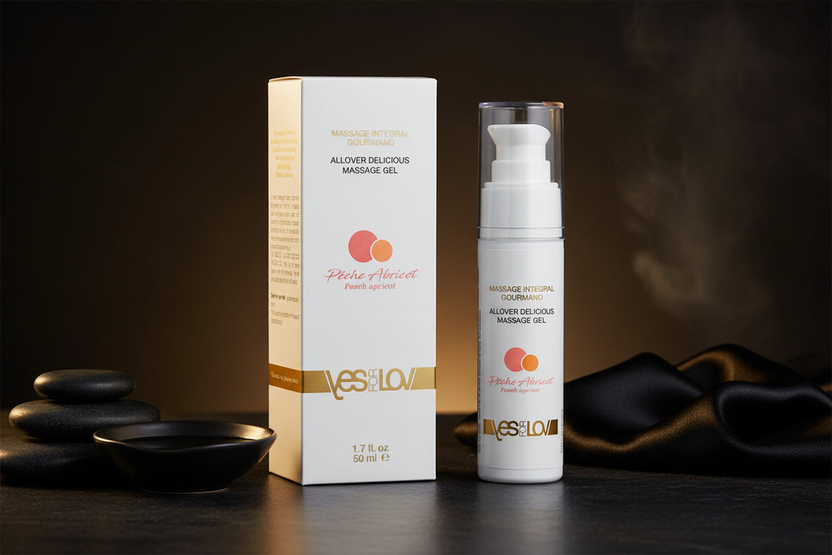 YESforLOV Allover Delicious Massage Gel als Set mit Flasche und Verpackung