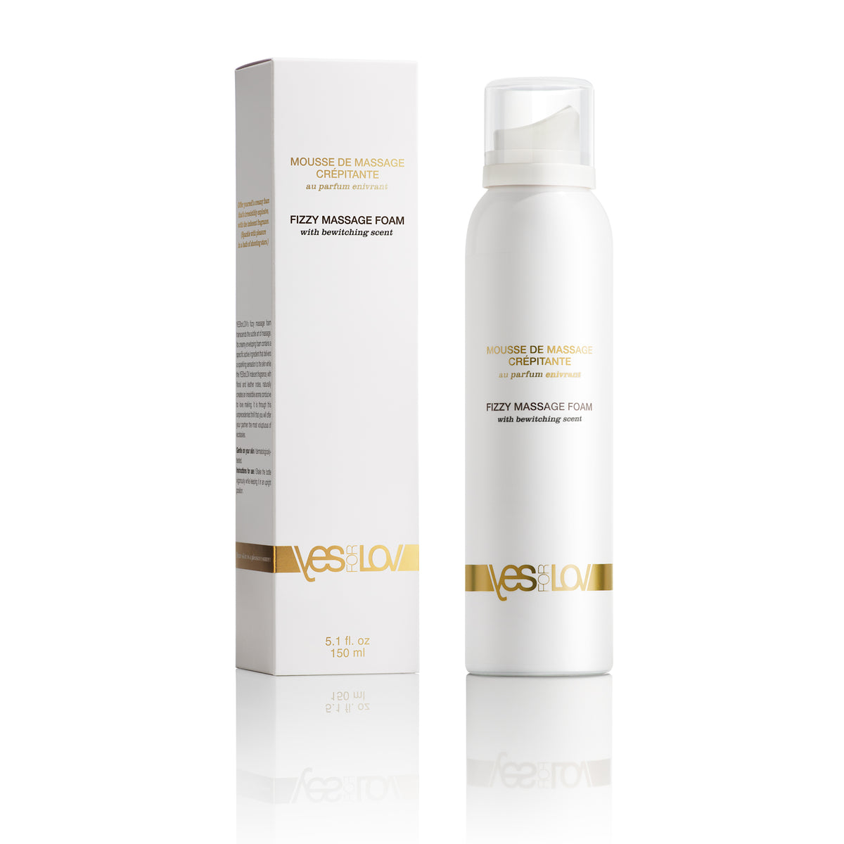 YESforLOV Fizzy Massage Foam mit weißem Massageschaum-Spender und passender Verpackung