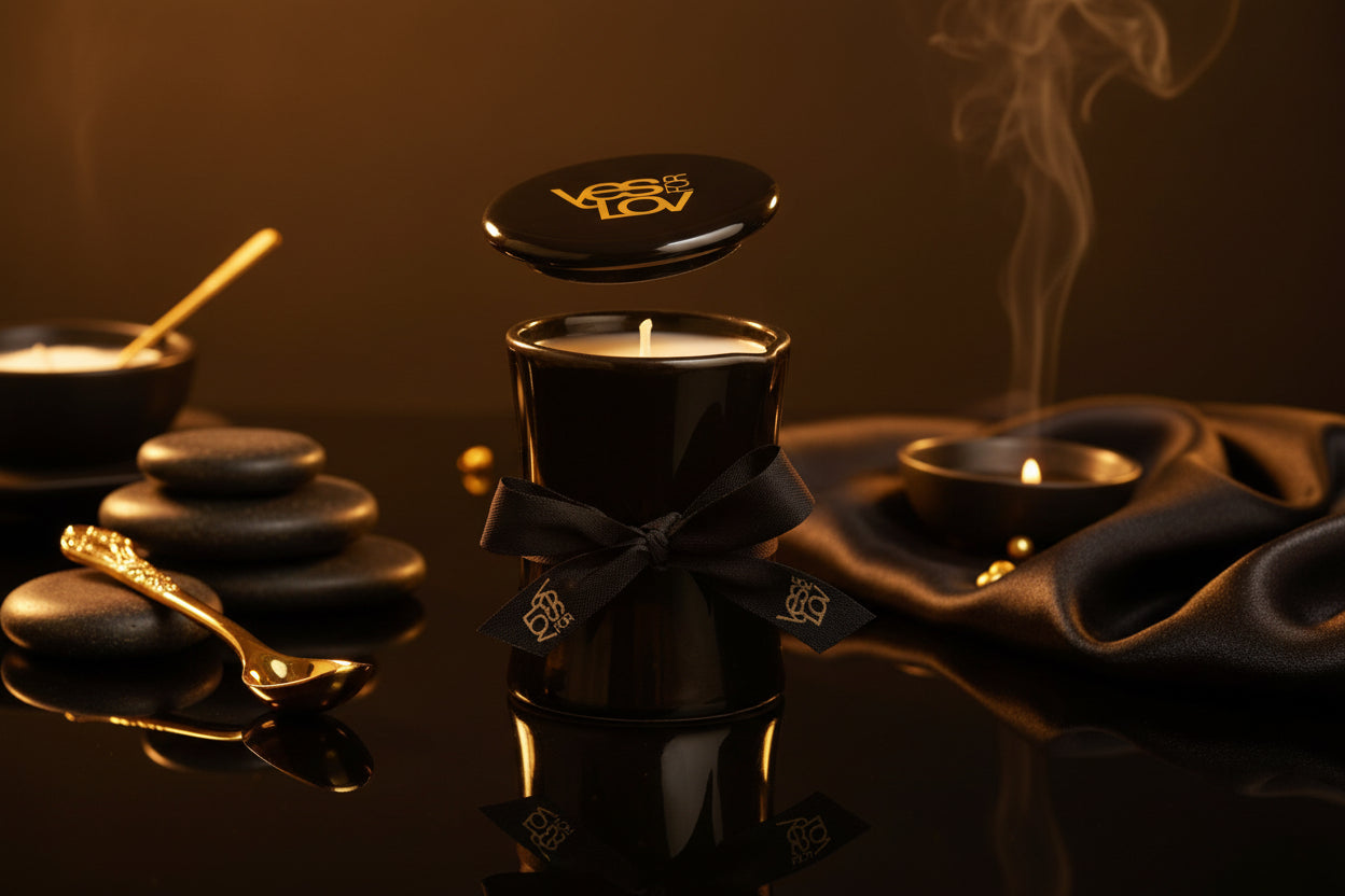 Detailansicht der YESforLOV Massage Candle mit eleganter Schleife und Glasdesign