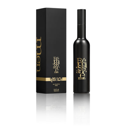 YESforLOV Réjouissance Men Eau de Parfum mit mattschwarzem Flakon und goldfarbenen Details neben der Verpackung