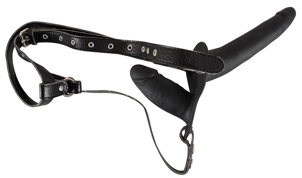 Double Strap-On aus schwarzem Silikon mit verstellbarem Umschnallstring Frontansicht
