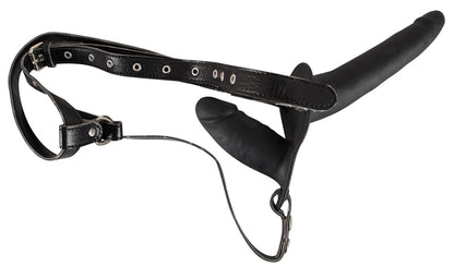 Double Strap-On aus schwarzem Silikon mit verstellbarem Umschnallstring Frontansicht