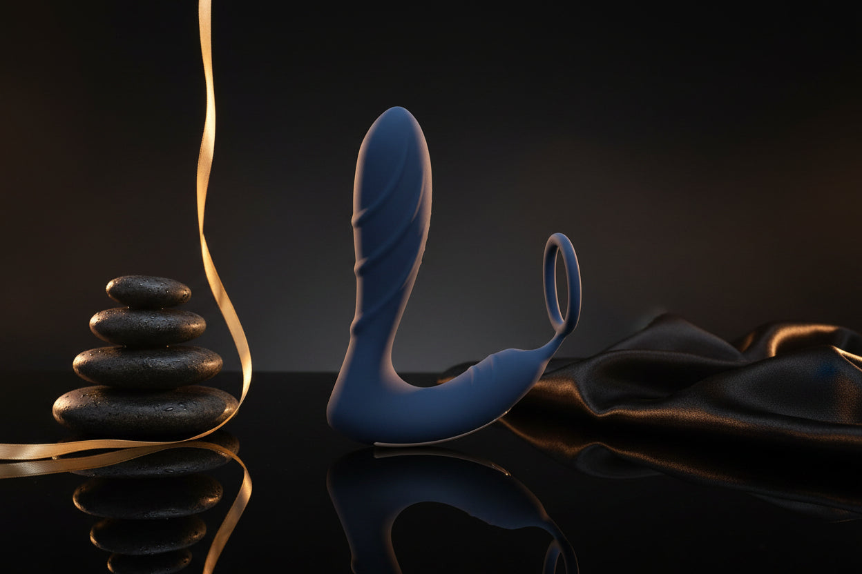 Seitenansicht des You2Toys Prostata Plugs mit Penisring und Fernbedienung