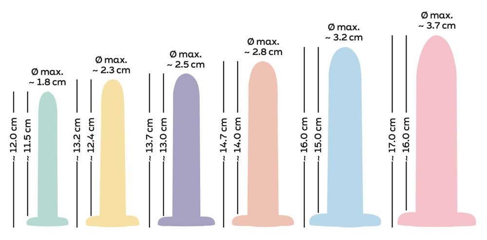 You2Toys Six in a Row Dildo Set mit Größen- und Maßangaben