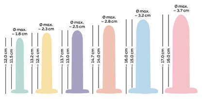 You2Toys Six in a Row Dildo Set mit Größen- und Maßangaben