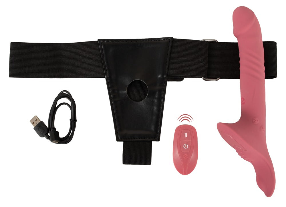 Einzelne Komponenten des You2Toys Strap-On Set 4 mit Harness Vibrator und Fernbedienung