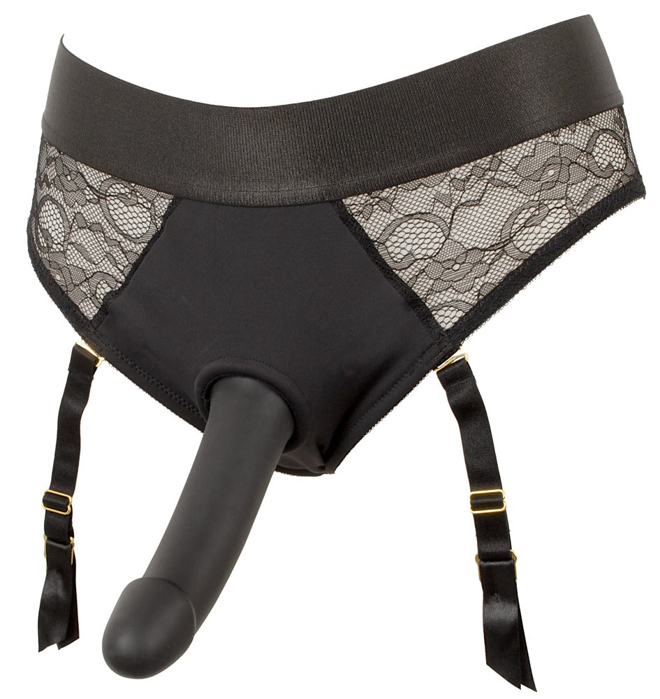Strap-on Set mit Spitzen Slip und eingesetztem Silikon Dildo Frontansicht