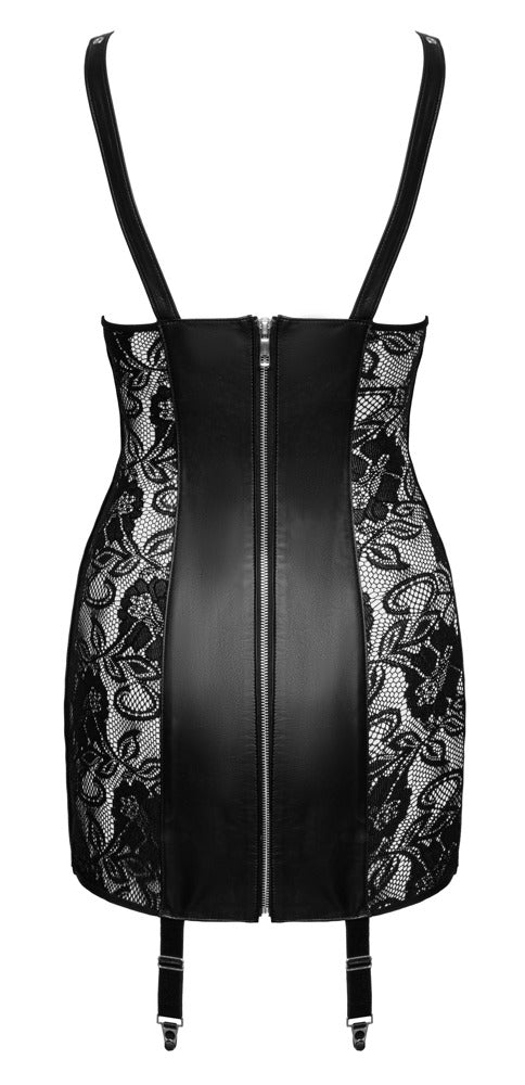 Schwarzes busenfreies Zado Straps-Minikleid aus Lammleder in der Rückansicht