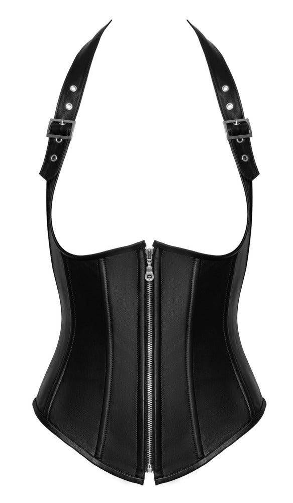 Schwarze Zado Taillen-Corsage aus Lammleder mit Neckholder in der Vorderansicht