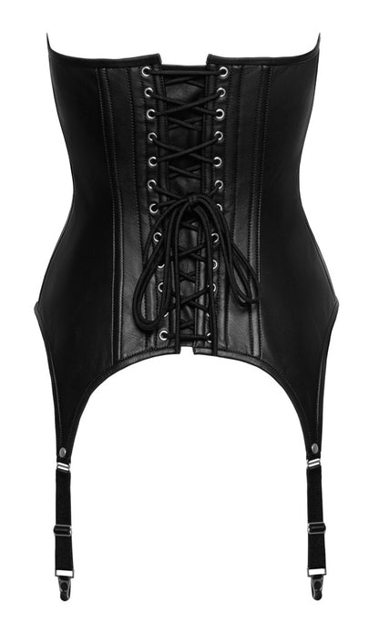 Schwarze trägerlose Zado Straps-Corsage aus Lammleder in der Rückansicht