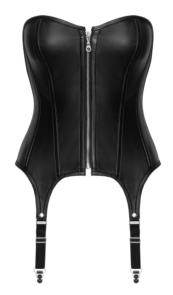 Schwarze trägerlose Zado Straps-Corsage aus Lammleder in der Vorderansicht